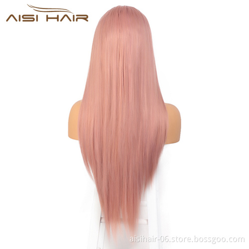 Straight Lace Frontal 26 Inch Wig Synthetic Cosplay Long Pink Wig Silky Front Lace Hair Wigs For Black White Women